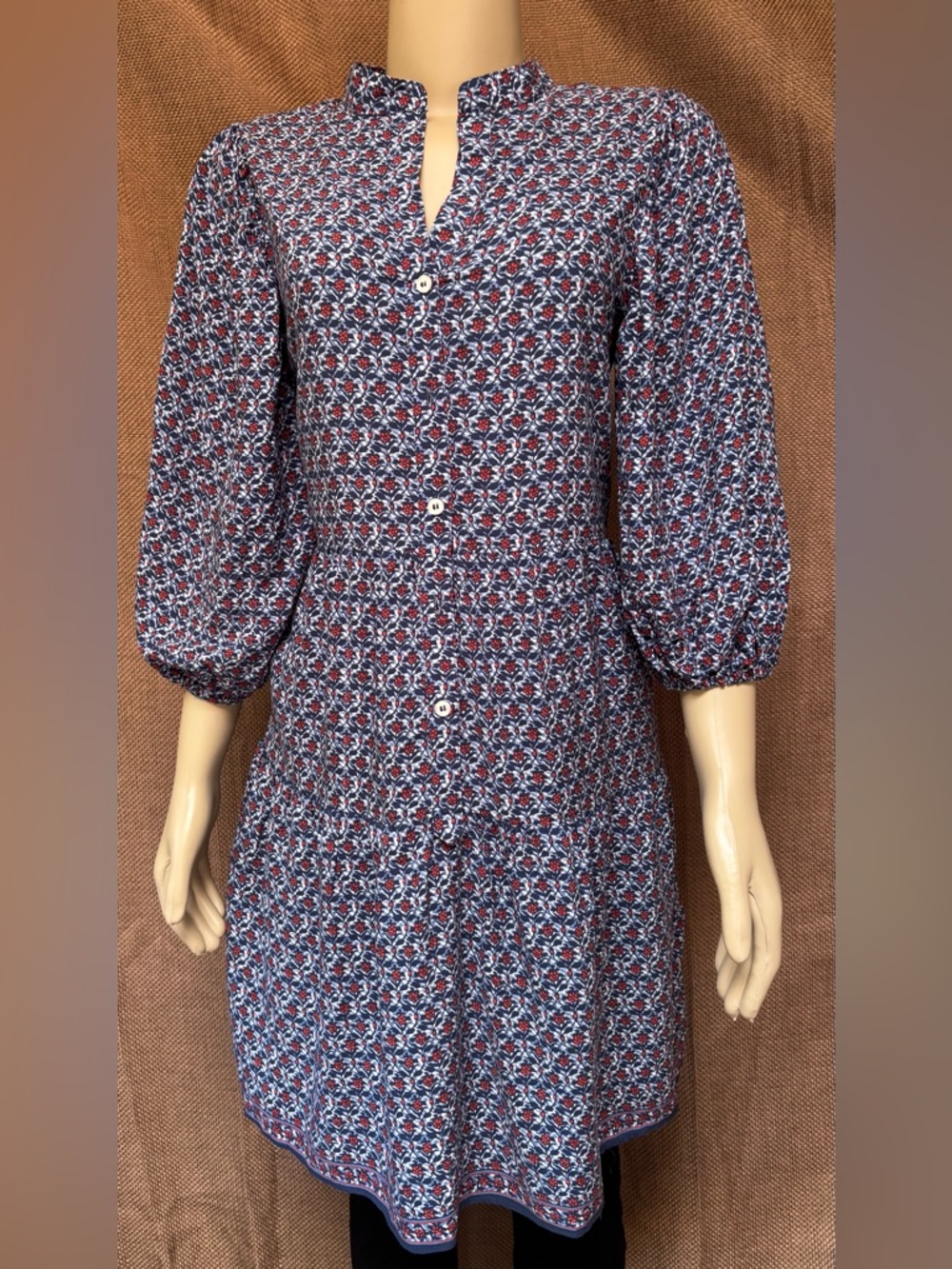Max Studio Navy and Red Floral Button-Front Long Sleeve Dress